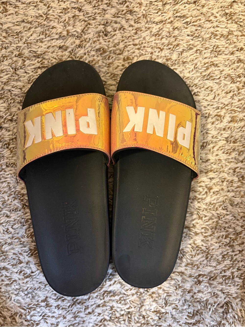 PINK Victoria's Secret Black Slides with Orange Holographic Strap